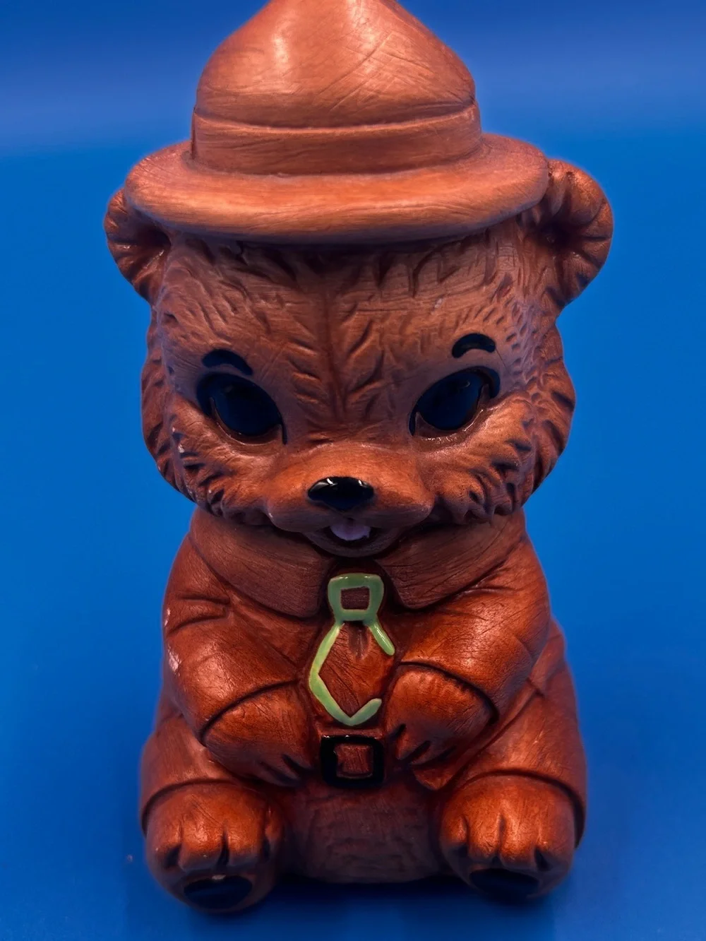 Vintage Style Brown Bear Figurine with Hat and Green Tie Accent